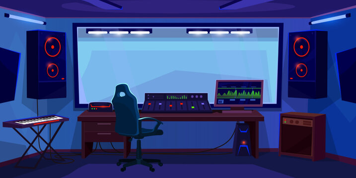 Music recording studio interior design. Empty radio room with audio equipment ready for broadcast. Song production workplace for a DJ or producer with a synthesizer. Cartoon style vector illustration.