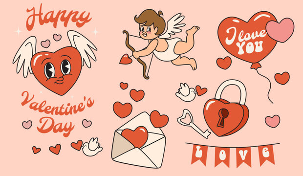Set of design elements for Valentine's day. Collection of vector elements for cards, banners or posters in groovy style: cupid, heart emoticon with wings, red lock with a key, letter, dove and balloon