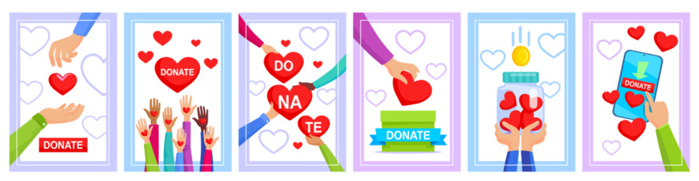 Set of donation banners, posters, or flyers for a charity organization. Collection of cards for the web or a smartphone app. Donate money design concept. Cartoon style vector illustration.