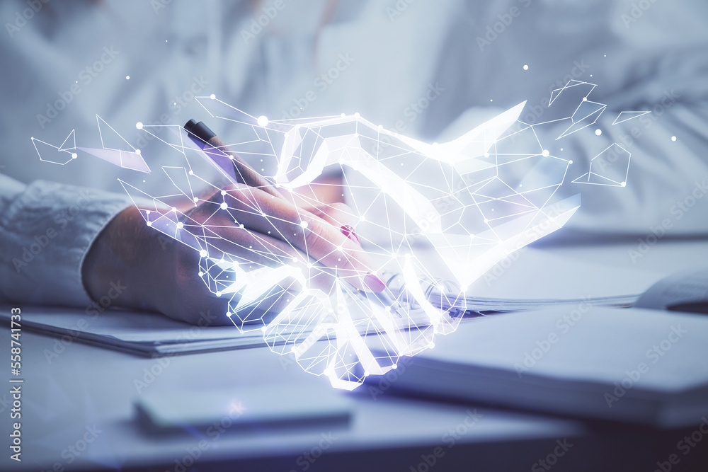 Poster handshake drawing over hands taking notes background. concept of success. double exposure
