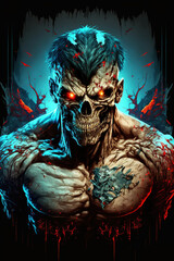 monster with huge muscles, horror, skull, character, comics, art illustration
