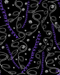 Holiday night seamless pattern with snow and serpentine ribbons on black.background. Greeting card, gift packaging, wrapping paper. Naive scribble style collection for happy new year. 