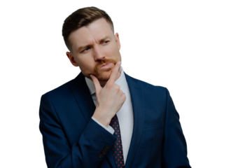 Thoughtful businessman in formal wear touching his chin and looking aside while thinking about work or trying to find right solution while standing against light steel blue background