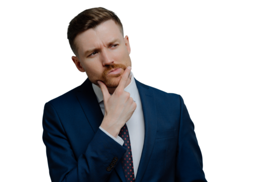 Thoughtful businessman in formal wear touching his chin and looking aside while thinking about work or trying to find right solution while standing against light steel blue background