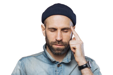 Headshot of serious thoughtful middle aged man tries to remember something in his mind, keeps fore finger on temple, keeps eyes shut, isolated over pink background, wears fashionable clothing
