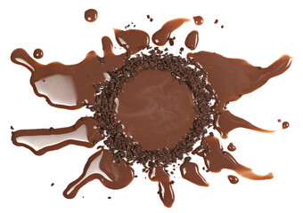 Spilled chocolate milk puddle with  chopped, milled dark chocolate isolated on white background, top view