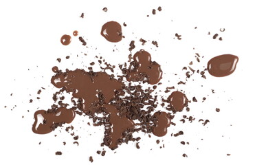 Spilled chocolate milk puddle with  chopped, milled dark chocolate isolated on white background, top view