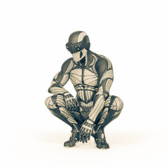 super hero in an exosuit is crouching and thinking about