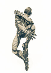 super hero is doing a street dance move in an exosuit