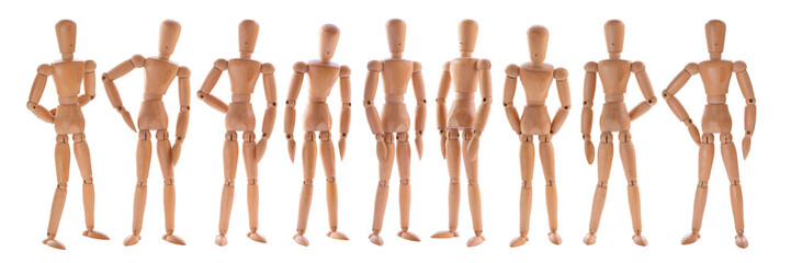 Staying in different poses wooden dummies set. Set of wooden mannequins isolated png with transparency