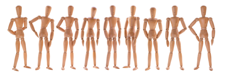 Staying in different poses wooden dummies set. Set of wooden mannequins isolated png with transparency