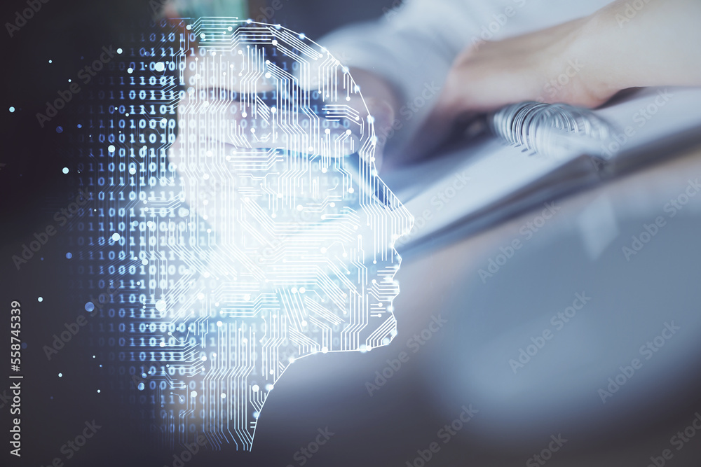 Poster Multi exposure of writing hand on background with brain hologram. Concept of self learning.