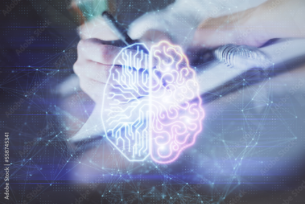 Poster Multi exposure of writing hand on background with brain hologram. Concept of self learning.