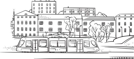 Vector illustration sketch city street view with tram and buildings