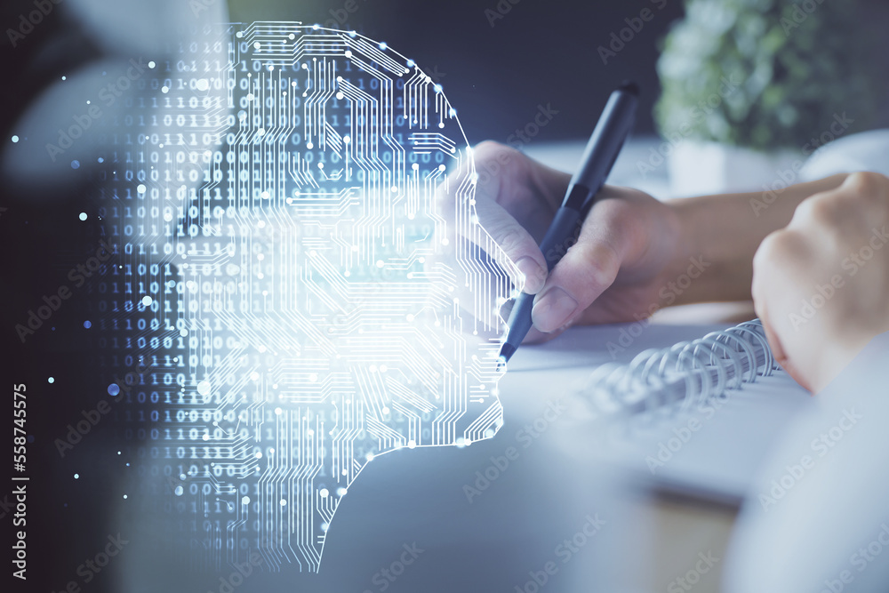Poster Multi exposure of writing hand on background with brain hologram. Concept of self learning.