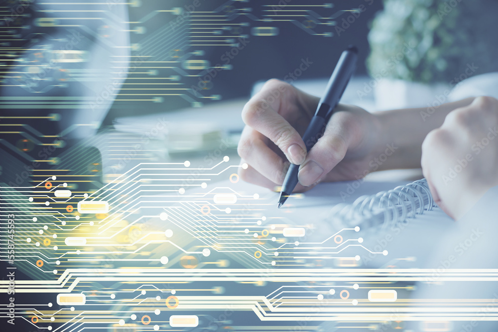 Poster Double exposure of woman's hands on background with technology and digital coding icons. Data development concept. Close up.