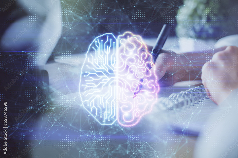 Poster Multi exposure of writing hand on background with brain hologram. Concept of self learning.