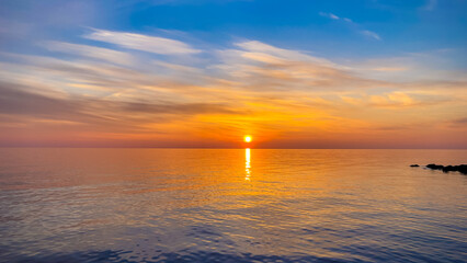  Summer sea design template. Beautiful sunset on tropical beach  and sunlight on horizon