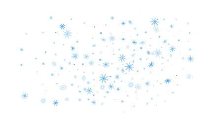 Blue delicate openwork snowflakes are scattered on a white background. Festive background, new year or christmas design
