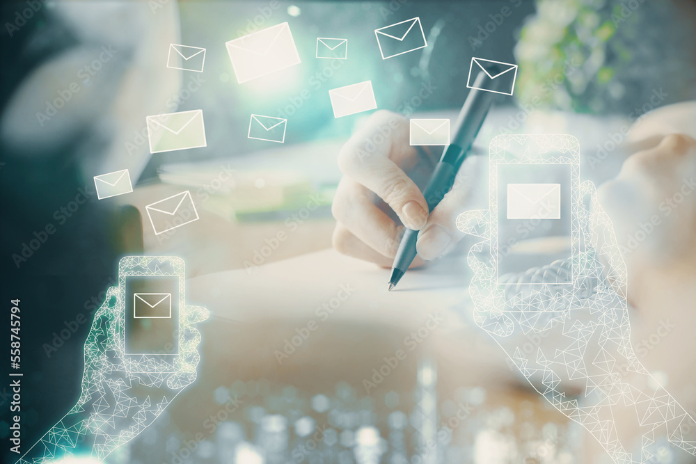 Aufkleber e-mail abstract envelop drawing over hands taking notes background. concept of electronic mail. doub