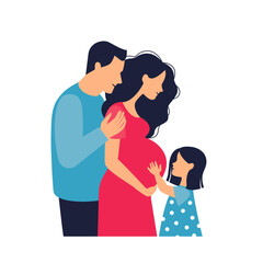 Happy young family. Dad, daughter and pregnant mother. Child hugs belly of pregnant mother. Vector illustrations