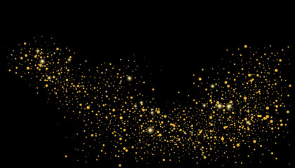 Gold glitter confetti on a black background. Shiny particles scattered, sand. Decorative element. Luxury background for your design, cards, invitations, vector