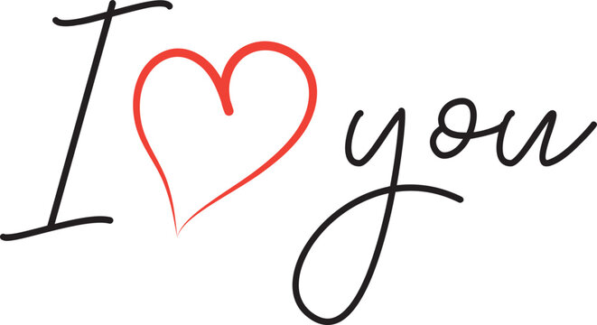 I love you red heart, I love you handwritten red heart, I love you romantic sign. Valentine text I love you. ILY red heart