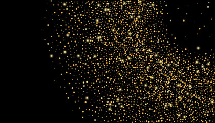 Gold glitter confetti on a black background. Shiny particles scattered, sand. Decorative element. Luxury background for your design, cards, invitations, vector