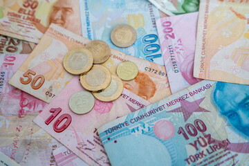 Various Turkish Lira Banknotes And Coins.  Turkish Money - obrazy, fototapety, plakaty