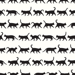 Horizontal stripes of walking black cats, vector seamless repeat pattern