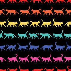Colorful horizontal stripes of walking cats vector seamless repeat pattern