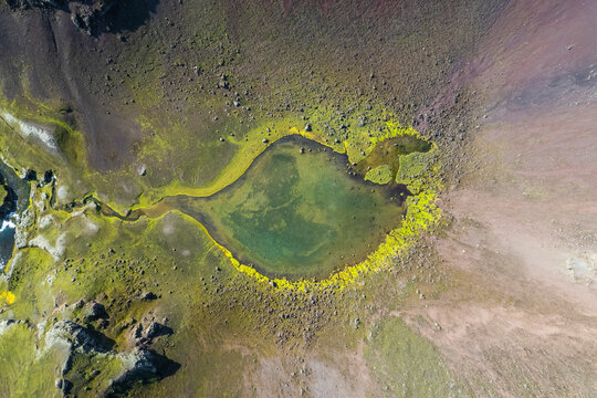Aerial view of a sulphurous lake in Iceland.