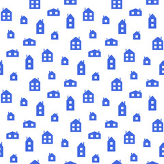 Small blue houses isolated on white background. Monochrome seamless pattern. Vector simple flat graphic illustration. Texture.