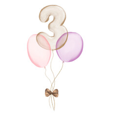 3 gold Birthday ballon with pink baloons. Number three glitter gold metallic balloon number with two purple balloons on transparent background. Design for sublimation designs, cards, invitations.