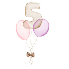 Fototapeta premium 5 gold Birthday ballon with pink baloons. Number five glitter gold metallic balloon number with two purple balloons on transparent background. Design for sublimation designs, cards, invitations.