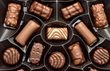 Luxury box of chocolates in macro mode.
