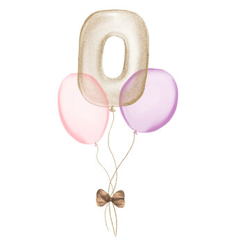 0 gold Birthday ballon with pink baloons. Number zero glitter gold metallic balloon number with two purple balloons on transparent background. Design for sublimation designs, cards, invitations.