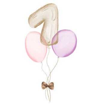 1 gold Birthday ballon with pink baloons. Number one glitter gold metallic balloon number with two purple balloons on transparent background. Design for sublimation designs, cards, invitations.