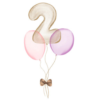 2 gold Birthday ballon with pink baloons. Number two glitter gold metallic balloon number with two purple balloons on transparent background. Design for sublimation designs, cards, invitations.