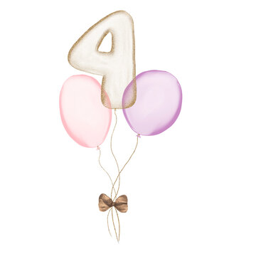 4 gold Birthday ballon with pink baloons. Number four glitter gold metallic balloon number with two purple balloons on transparent background. Design for sublimation designs, cards, invitations.