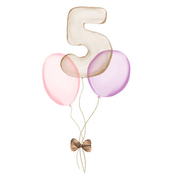 5 gold Birthday ballon with pink baloons. Number five glitter gold metallic balloon number with two purple balloons on transparent background. Design for sublimation designs, cards, invitations.