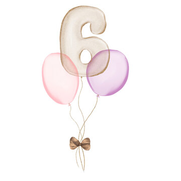 6 gold Birthday ballon with pink baloons. Number six glitter gold metallic balloon number with two purple balloons on transparent background. Design for sublimation designs, cards, invitations.