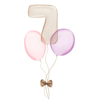7 gold Birthday ballon with pink baloons. Number seven glitter gold metallic balloon number with two purple balloons on transparent background. Design for sublimation designs, cards, invitations.