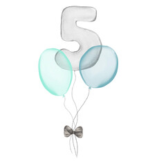5 silver Birthday ballon with blue baloons. Number five glitter silver metallic balloon number with two blue balloons on transparent background. Design for sublimation designs, cards, invitations.