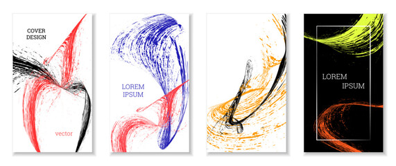 Drawn strokes, waves. Abstract cover. Set of 4 covers, vector.