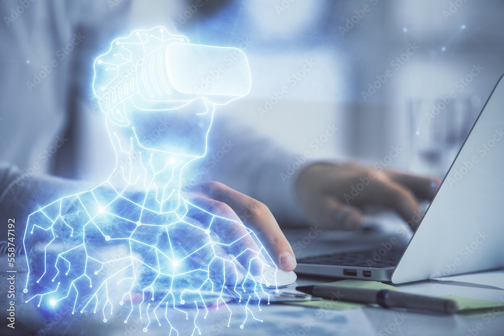 Poster AR hologram with man working on computer on background. Augmented reality concept. Double exposure.