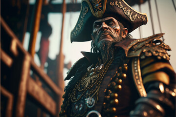 Naklejka premium Illustration of an old pirate on board a ship. Portrait of a captain. Sea wolf, bokeh background, generated ai