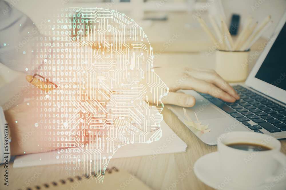 Poster Man typing on keyboard background with brain hologram. Concept of big Data. Double exposure.
