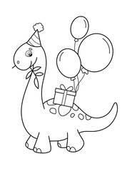 Cute dinosaur with gift and balloons. Birthday. Black and white vector image. Coloring.