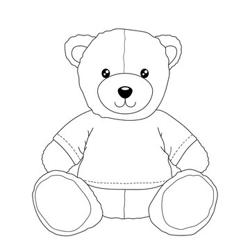 Teddy bear in a T-shirt. A toy. Black and white vector image. Coloring.